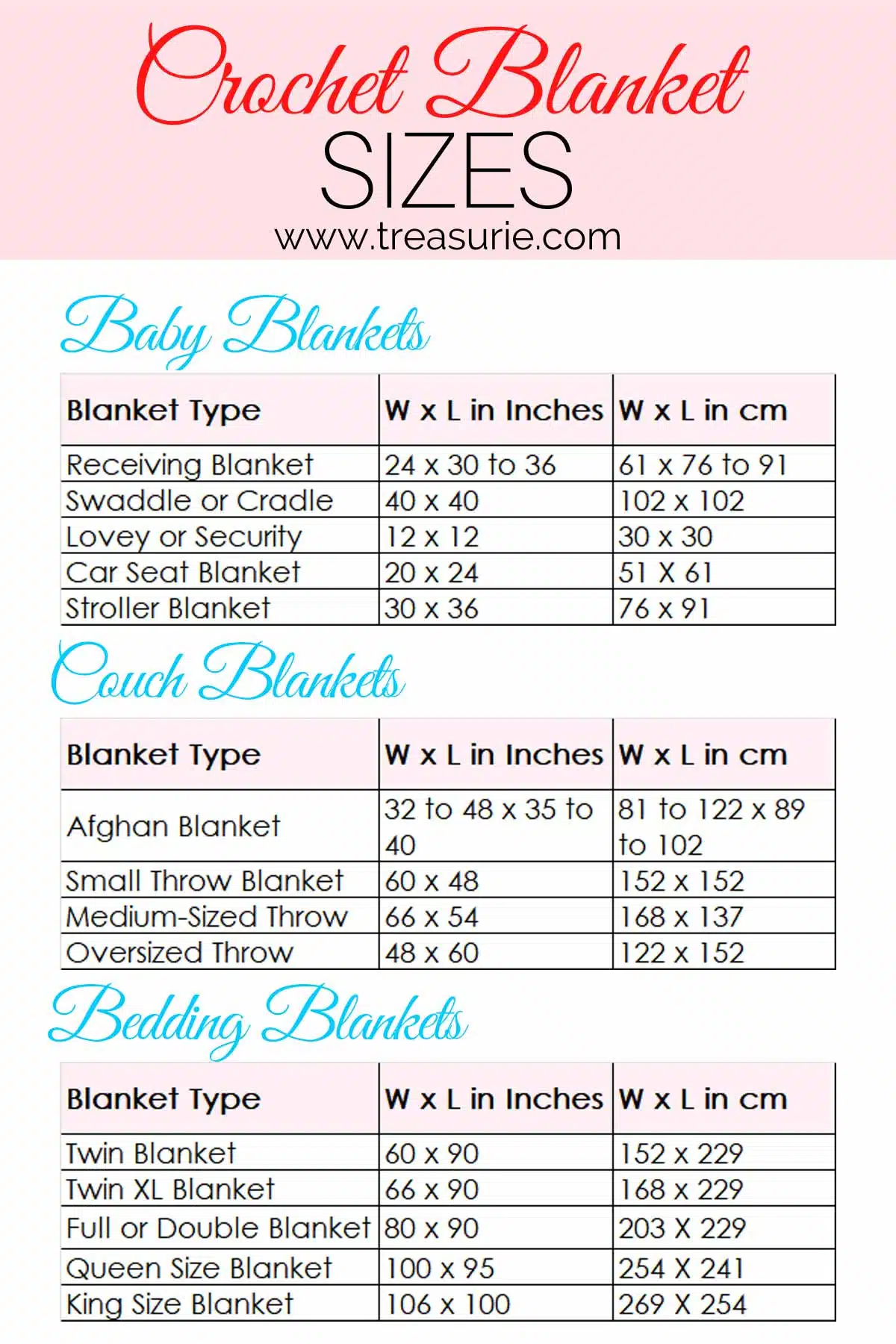 Crochet size chart for blankets sale